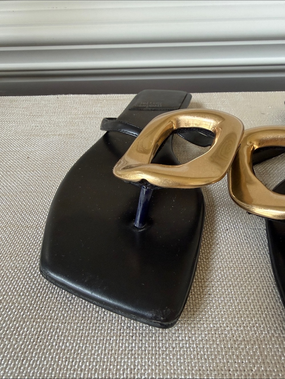 Jeffrey Campbell Black Sandals with Oversized Gold Sculpted Buckles - Picture 3 of 6